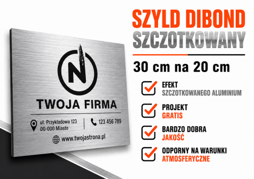 Przejdź do produktu Szyld reklamowy SZCZOTKOWANY  DIBOND 2mm  30 na 20cm  z własną grafiką